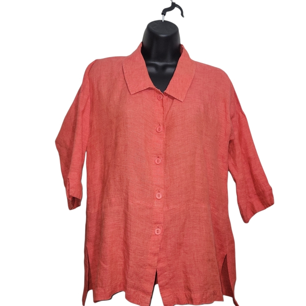 FLAX Linen Button Down Shirt Coral Pink Orange P Lagenlook Tunic Boho